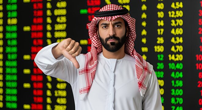 A businessman in traditional Middle Eastern attire expresses disapproval while viewing a stock market ticker displaying fluctuating numbers.