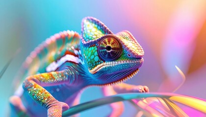 Vibrant Chameleon Portrait with Detailed Eye and Colorful, Artistic Lighting