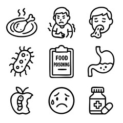 A set of doodle line icons illustrating food poisoning symptoms, spoiled food, stomach pain, bacteria, vomiting, and medical treatment essentials
