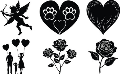 collection of valentine and love symbols including cupid, hearts, family, and roses isolated on transparent background
