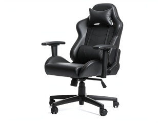 Fototapeta premium Sleek black ergonomic hybrid office and gaming chair with lumbar support, standing alone against an isolated white studio background.