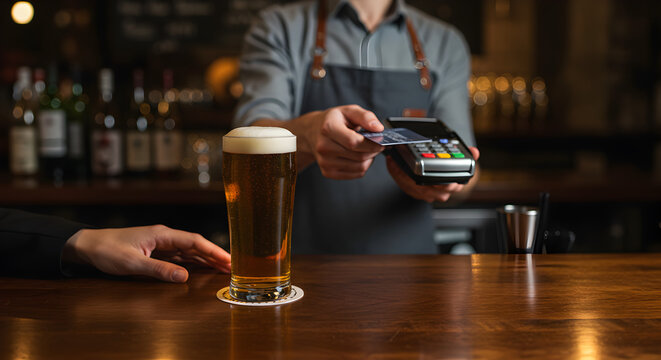 Person Swipes Credit Card for Light Beer on Glossy Wooden Bar With Blurred Dark Background - Powered by Adobe