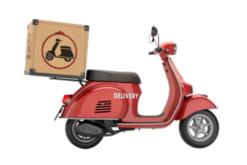 A bright red delivery scooter with a prominent delivery label and a branded box on the back is ready to go isolated on transparent background