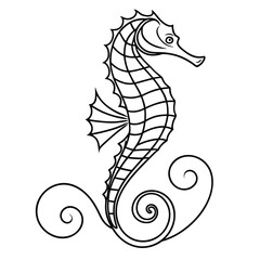 Elegant seahorse line art vector illustration with decorative curls for tattoo design and sea life inspired graphic projects