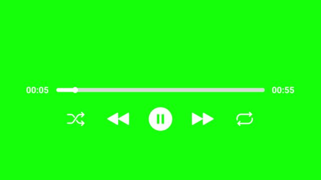 60 seconds minimal music player UI animation with a green screen and sleek white controls. The layout showcases a central pause button, shuffle and repeat icons, and a smooth horizontal progress bar.