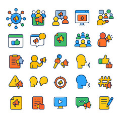 Colorful icons depicting various communication and marketing methods, including social media, public speaking, and online advertising.