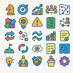 Collection of colorful, outlined business strategy icons, including teamwork, planning, problem-solving, and growth.