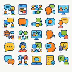 Collection of colorful communication icons, depicting various online and interpersonal interactions.