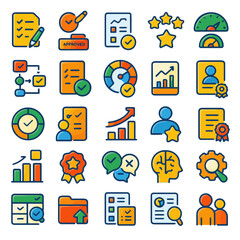 Colorful icons depicting project management, performance review, and business success metrics.