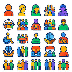 Colorful icons depicting diverse groups, individuals, and global community concepts.