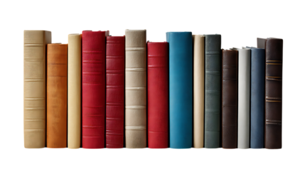 A collection of old books standing upright isolated on transparent background