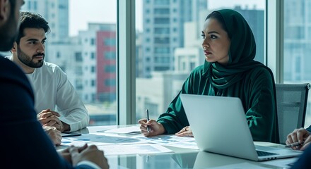A diverse team of professionals collaborates on a project, showcasing modern workplace dynamics and global business collaboration.