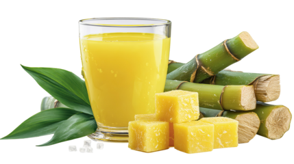 Fresh sugarcane juice in glass, beside cut sugarcane stalks, natural background