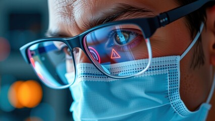 Close up of healthcare professional wearing glasses and mask, focused on cybersecurity in healthcare and medical devices, showcasing technology
