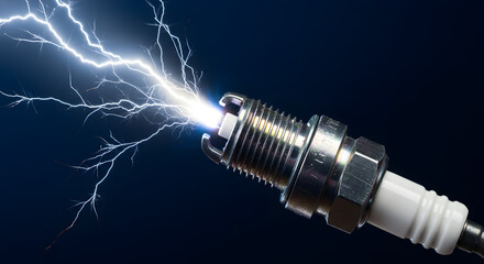 Silver Spark Plug Emitting Electrical Sparks with Intricate Design Against a Dark Blue Background Focused on Power and