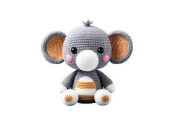 Crochet Gray Elephant Toy with Pink Cheeks Sitting on Transparent Background