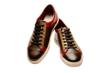 Brown leather sneakers with red accents isolated on a transparent background black laces