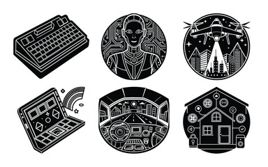 Vector art of a collection of futuristic technology icons in black and white