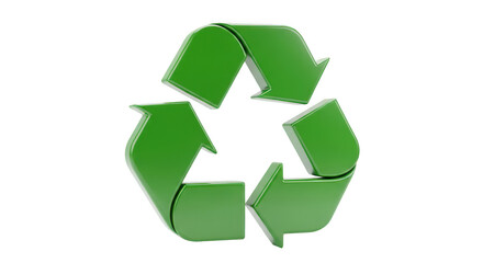 Bright green shiny recycling symbol with a subtle shadow isolated on transparent background