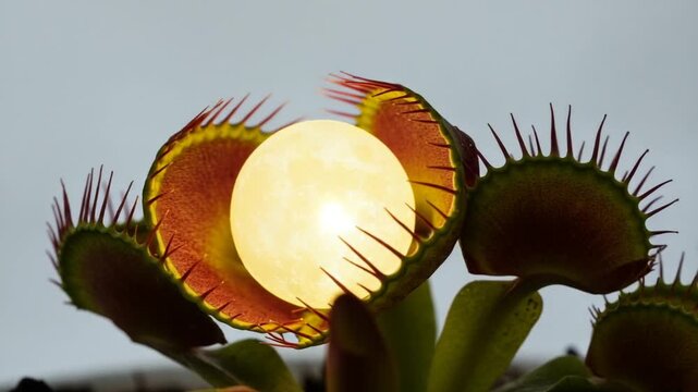 Venus flytrap with glowing orb, serene background scene