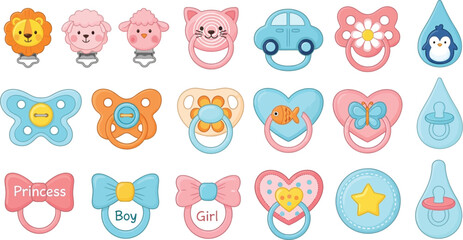 Fototapeta premium Assorted baby pacifiers collection vector illustration for newborn baby products design