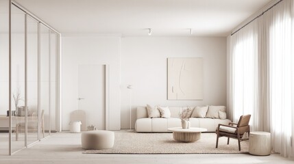 Contemporary living room featuring neutral sofa and abstract art, highlighting elegant modern architecture.