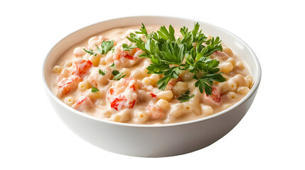 A bowl of lobster pasta with creamy sauce white ceramic bowl closeup view isolated on white background