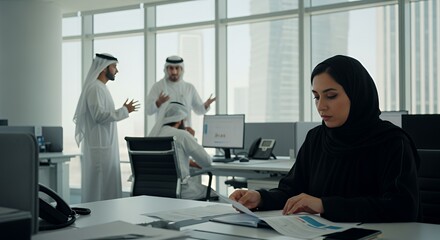 A businesswoman in a hijab works diligently at her desk in a modern , while colleagues discuss business in the background.