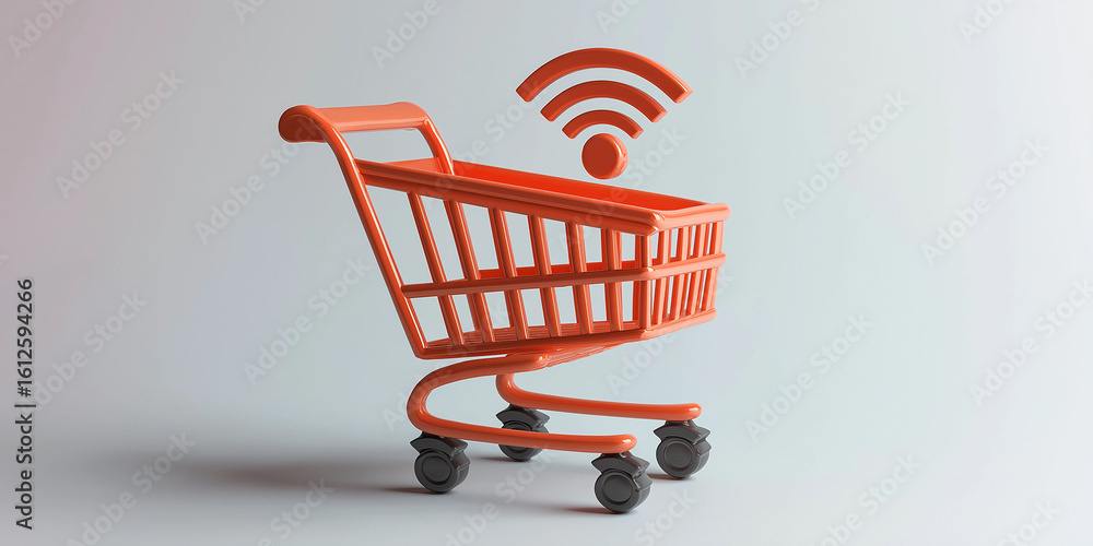 Poster small red shopping cart with a floating wifi signal sign