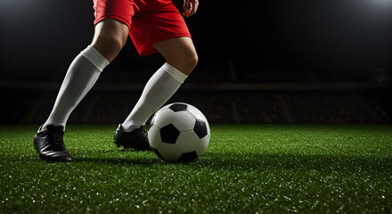 Fototapeta premium Soccer Player Dribbling Ball on Green Field in Red Shorts White Socks and Black Shoes at Stadium During Training