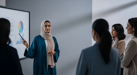 A confident businesswoman in a hijab presents a financial report to a diverse group of colleagues during a meeting.