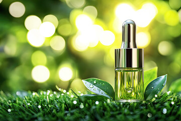 Essential Elixir in Verdant Embrace: A glass bottle of essential oil, shimmering with clarity, is cradled by a vibrant bed of fresh green grass and lush leaves, evoking a sense of natural beauty.