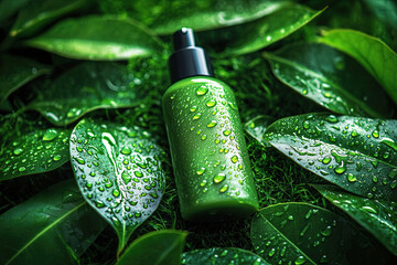 Green bottle on green leaves: A refreshing green bottle with natural product on verdant foliage, embodying the freshness and purity of nature.