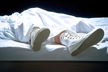 Rest in Solitude: A person lies in bed under a simple white sheet, A person lies still on a bed, white laced shoes, dim light, somber atmosphere.