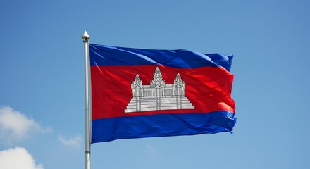 Cambodian national flag. Cambodian flag waving proudly against the sky, a patriotic symbol of the nation