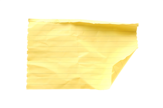Crumpled yellow lined paper piece isolated on a transparent background torn