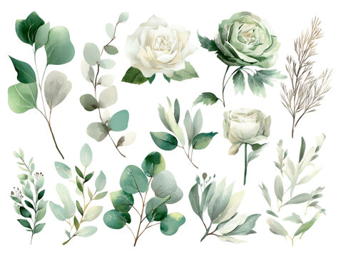 Watercolor White and Green Floral Elements on Transparent Background, PNG