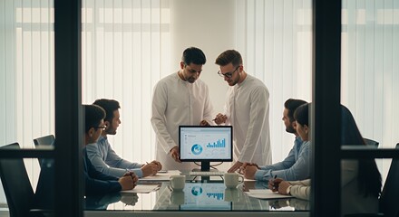 A diverse team of professionals collaborates around a computer displaying financial data during a productive business meeting.