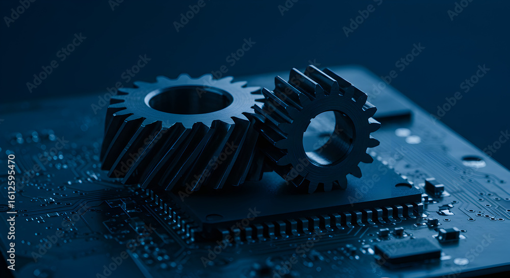 Aufkleber two silver gears resting on a circuit board creating a blue monochromatic tone in a dark studio sett