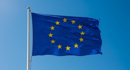 Waving European Union flag, a blue banner with yellow stars, symbolizing the united nations of Europe