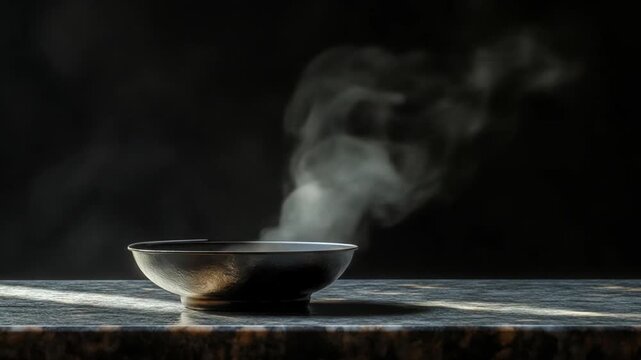Elegant bowl with rising vapor in a studio shot against a black background
