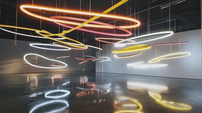 chromatic rings with immersive glowing patterns for interactive light installation evoking motion color depth sensory experience atmosphere innovation concept.