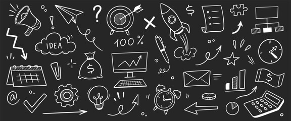 Chalk business board sketch icon set. Hand drawn chalkboard frame, bulb, puzzle and arrow for plan marketing idea. Business chart, pencil drawing, office success and internet. Vector illustration