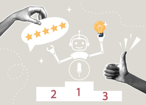 Trendy halftone collage. Chatbot with artificial intelligence, working together with AI. The AI concept offers solutions, AI to replace people in office work, innovations to achieve success.