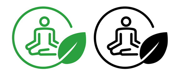 Eco mindful meditation icon green emblem of person meditating with leaf symbolizing environmental awareness and holistic well being