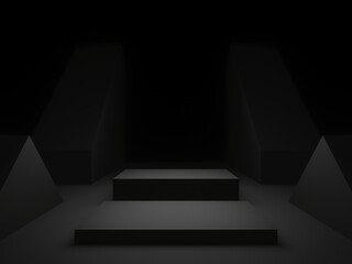 3D black geometric podium. Dark background