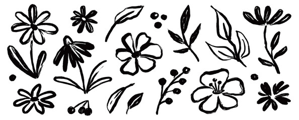Flower brush hand drawn vector set. Hand drawn doodle flower, floral leaf elements in brush stroke ink style. Simple abstract botanical silhouette set for nature black paint art. Vector illustration