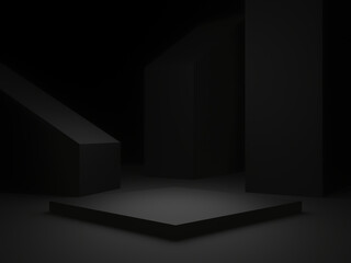 3D black geometric podium. Dark background