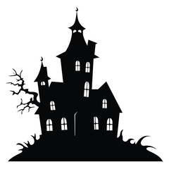 Obraz premium Vector art of spooky haunted house silhouette with a gnarled tree