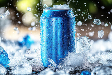 Cool refreshment: A vibrant blue can is enveloped in a refreshing burst of ice, creating a striking visual of icy cold beverage on a hot day.